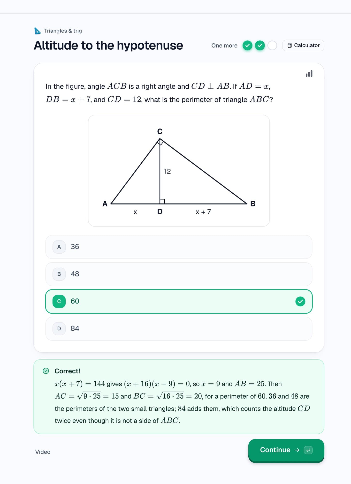 An Apex SAT practice question on the altitude to the hypotenuse: a labeled right-triangle figure, choice C marked correct, a worked explanation below, and two of three streak dots filled.