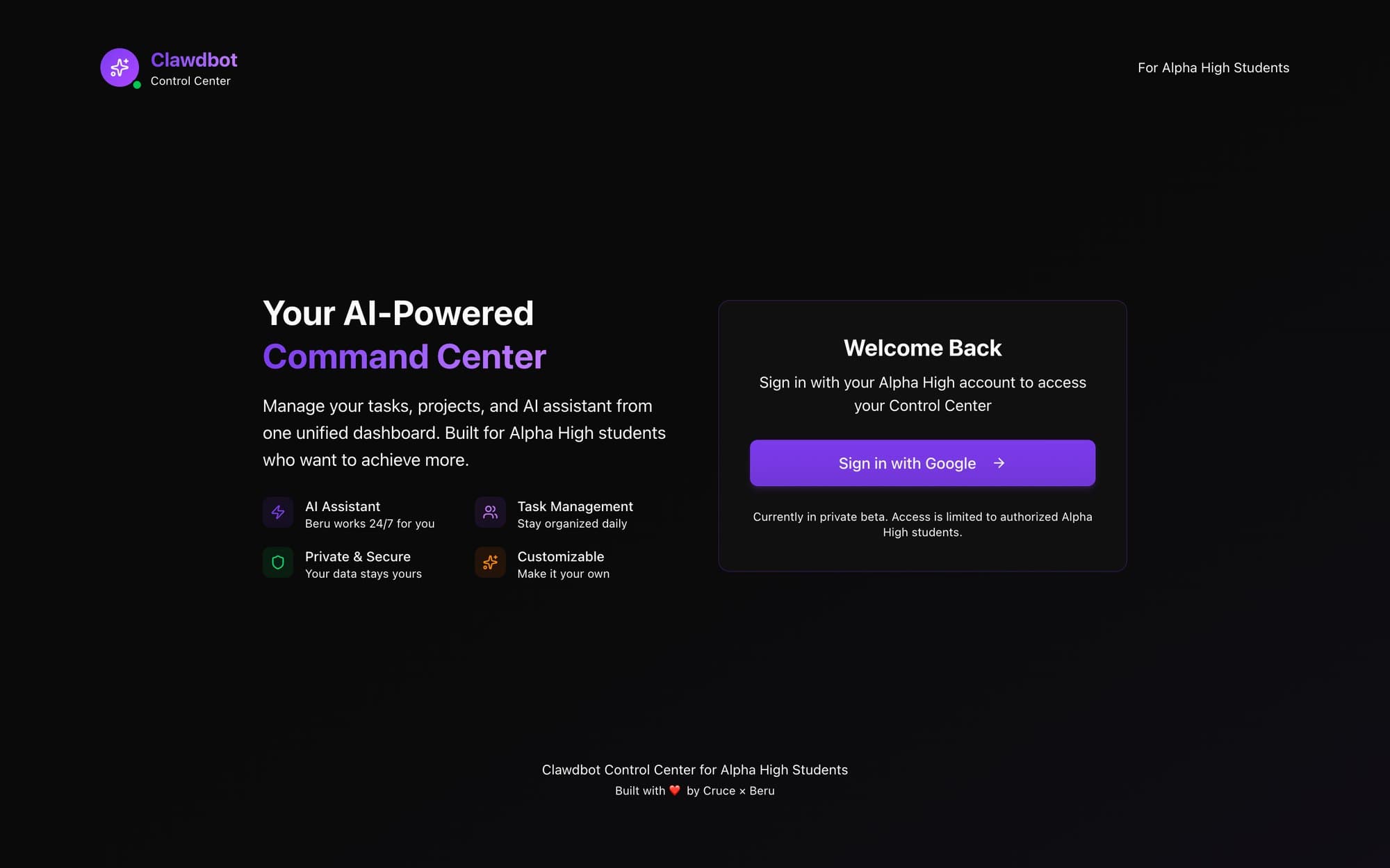The control center's sign-in page, branded Clawdbot Control Center: 'Your AI-Powered Command Center' with tiles for AI Assistant, Task Management, Private & Secure and Customizable, and a Sign in with Google button.