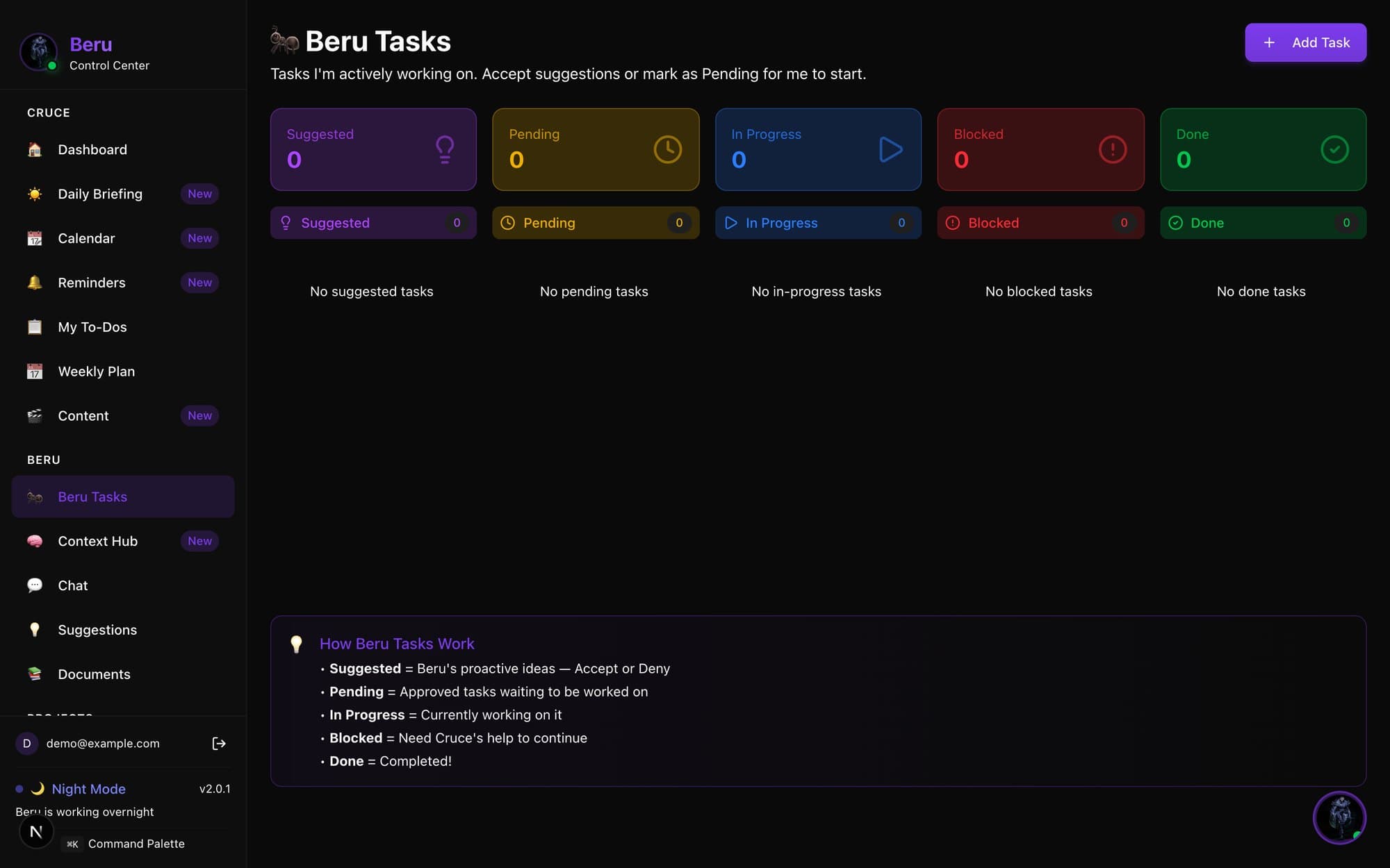The Beru Tasks board with columns for Suggested, Pending, In Progress, Blocked and Done, a 'How Beru Tasks Work' legend, and a sidebar listing Dashboard, Daily Briefing, Calendar, My To-Dos, Weekly Plan and Context Hub.