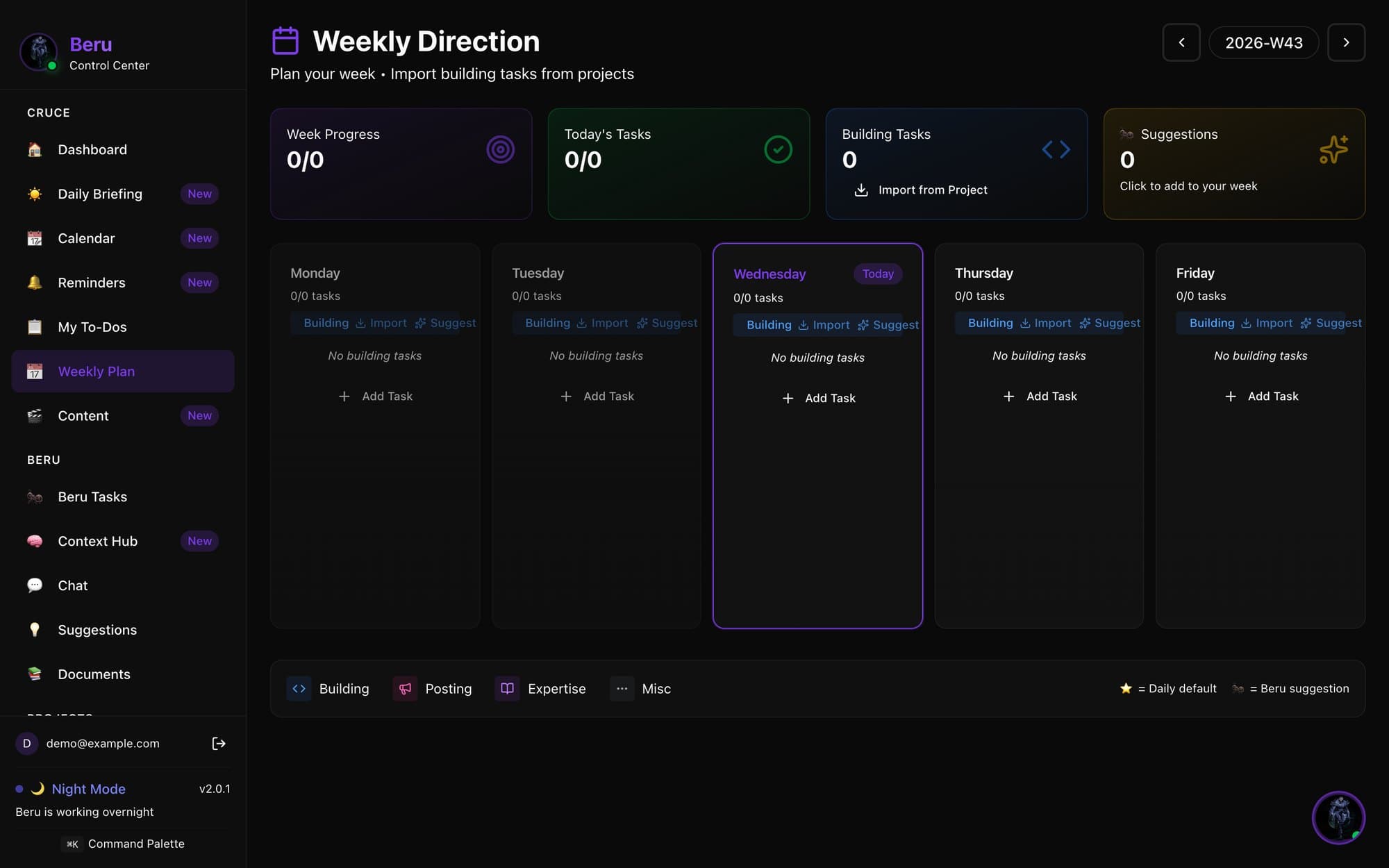 The Weekly Direction page for week 43: progress counters at the top and a column for each weekday with an Add Task button.