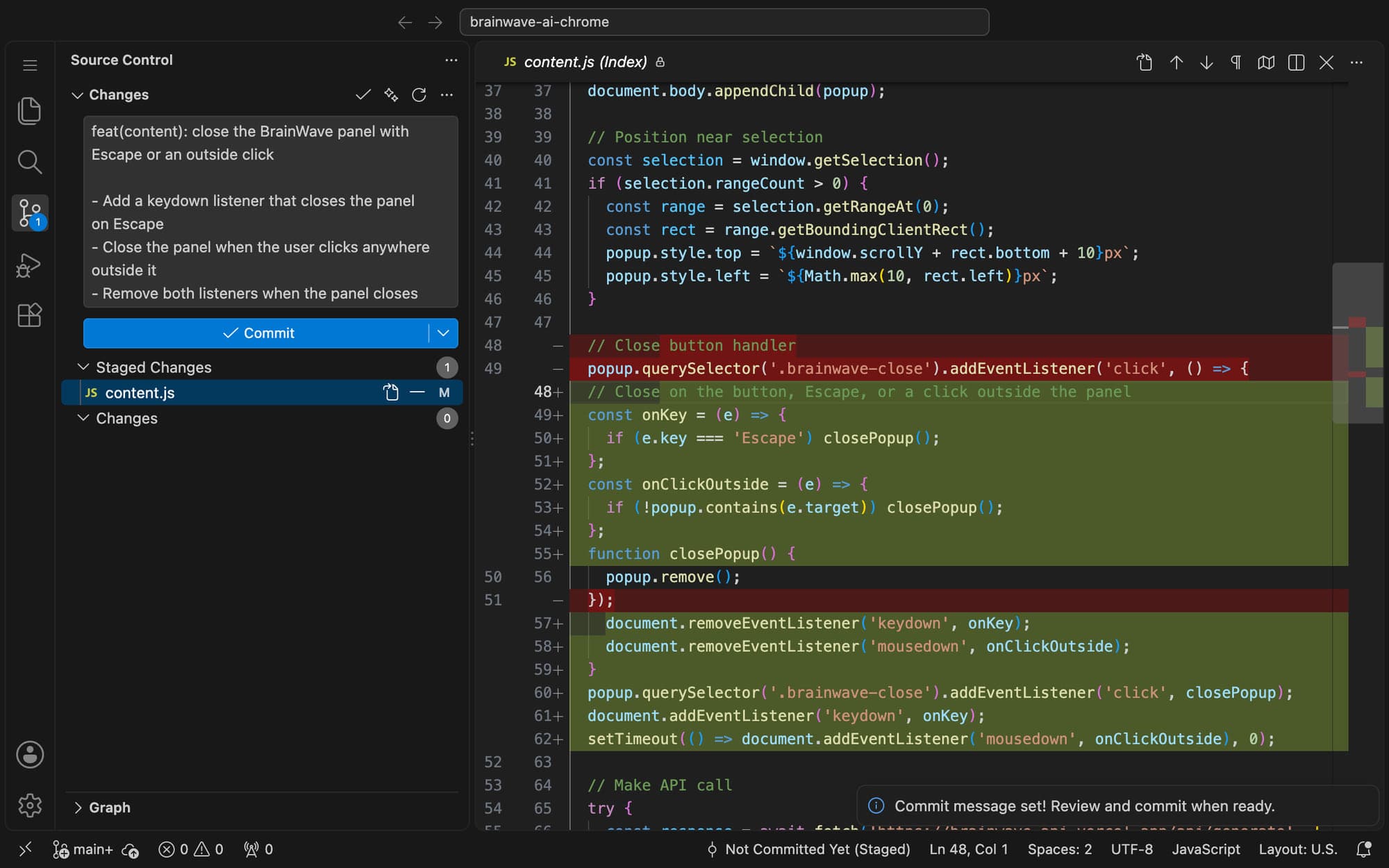 VS Code with the Source Control panel showing a generated commit message, 'feat(content): close the BrainWave panel with Escape or an outside click' with three bullet points, beside the staged diff of content.js and a 'Commit message set!' notification.