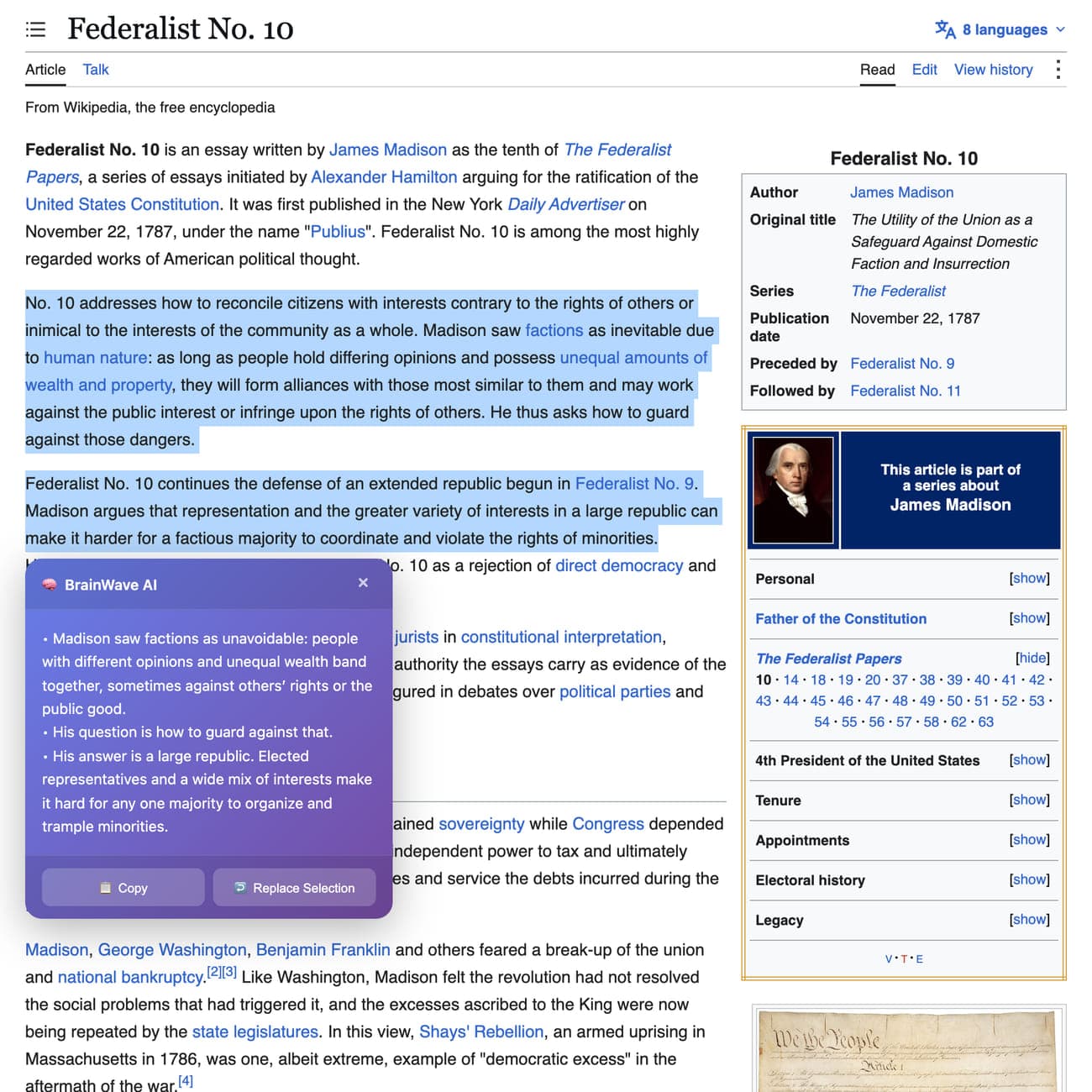 Wikipedia's Federalist No. 10 article with two paragraphs highlighted and the purple BrainWave AI panel below them showing a three-point summary of Madison's argument, beside the infobox with Madison's portrait.