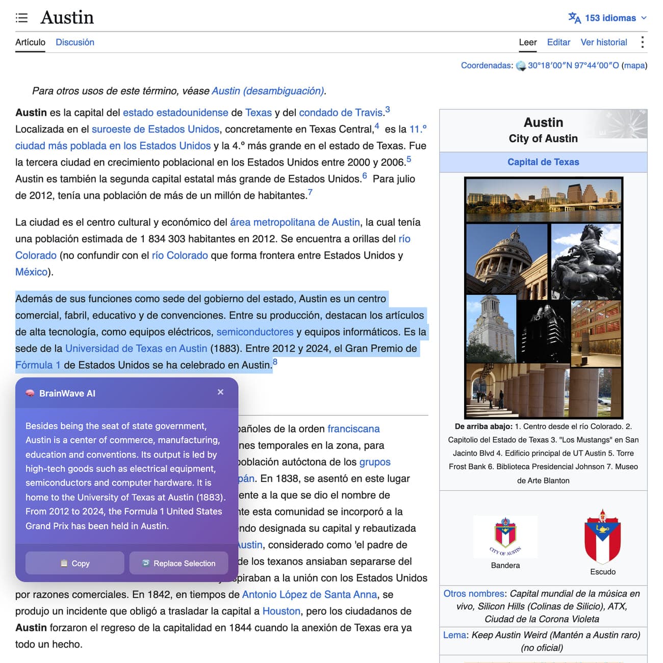 Spanish Wikipedia's Austin article with a paragraph highlighted and the BrainWave panel showing its English translation, beside the article's photo collage of the Austin skyline, the Capitol and the UT Tower.