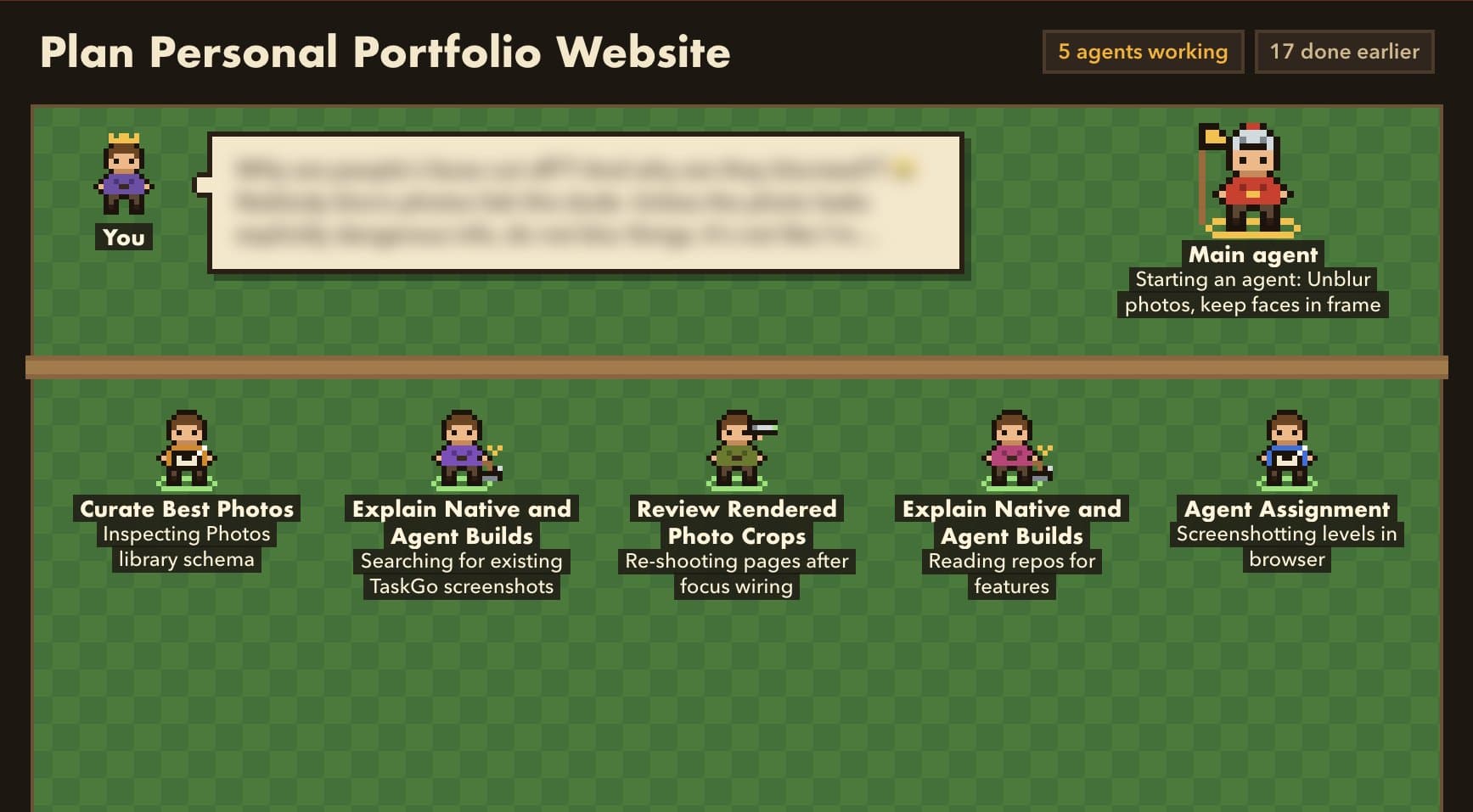 One session in the Crew dashboard: a pixel-art figure labeled You, a main agent and five worker agents, each with a live status line.