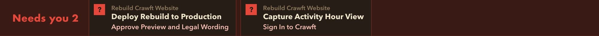 The dashboard's Needs you bar with two items for the Crawft website rebuild: approve the preview and legal wording before deploying, and sign in to Crawft to capture the activity hour view.