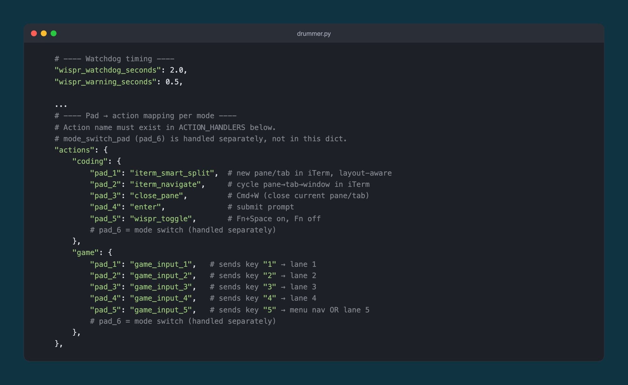 The config block from drummer.py: the watchdog set to 2.0 seconds with a 0.5-second warning, and a pad-to-action map for coding mode and game mode.
