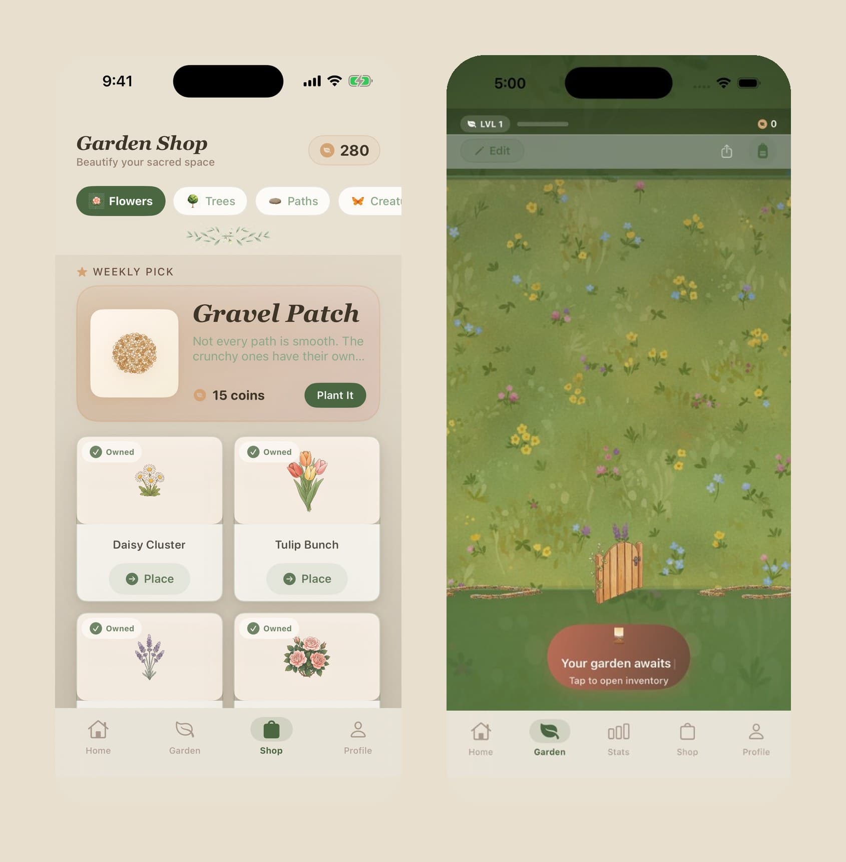 Two Faith Garden screens: the Garden Shop with a Gravel Patch weekly pick for 15 coins above owned flowers, and the garden view with a prompt to open the inventory.