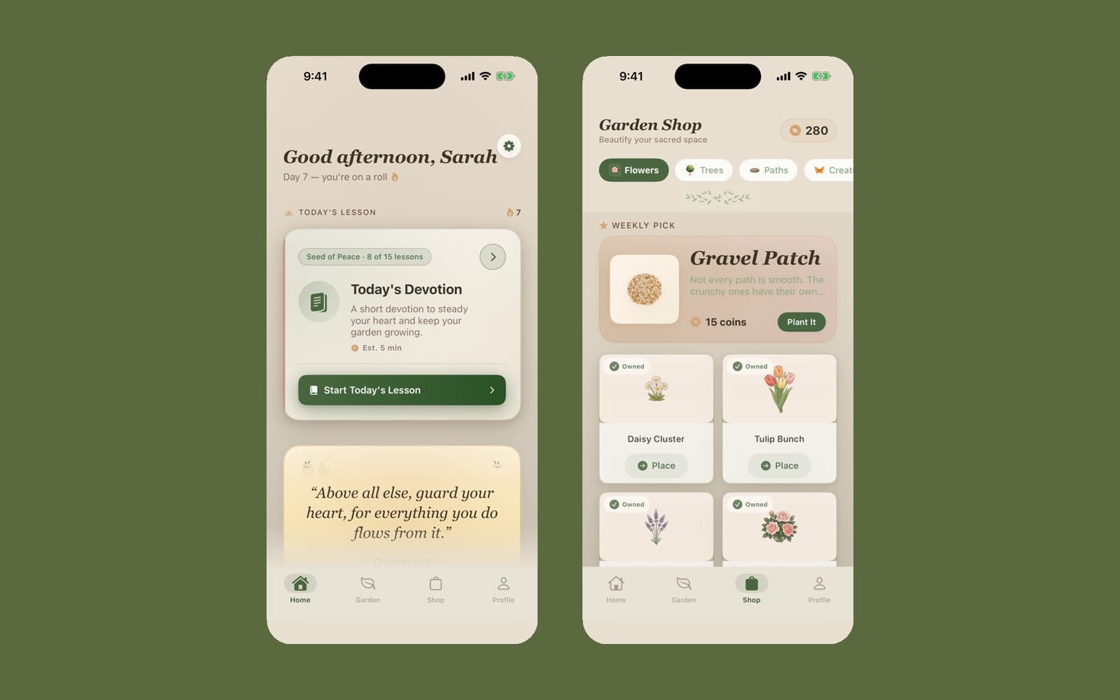 Two Faith Garden screens: a warm devotional home card and a garden shop with plants to buy.
