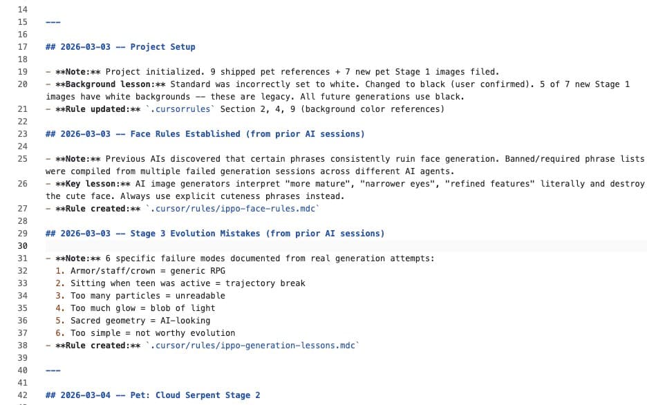 The pipeline's lessons_learned.md open in an editor, with dated entries for project setup, face rules and six documented failure modes for stage-three evolutions.