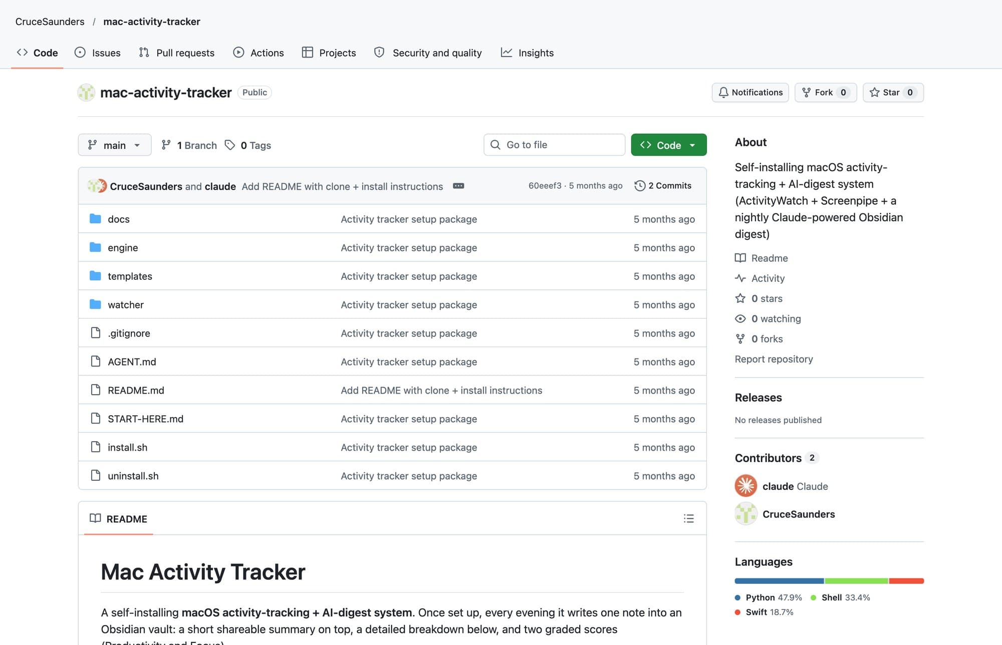 The public GitHub repo for mac-activity-tracker: folders for docs, engine, templates and watcher, install and uninstall scripts, and the README headline 'Mac Activity Tracker'.