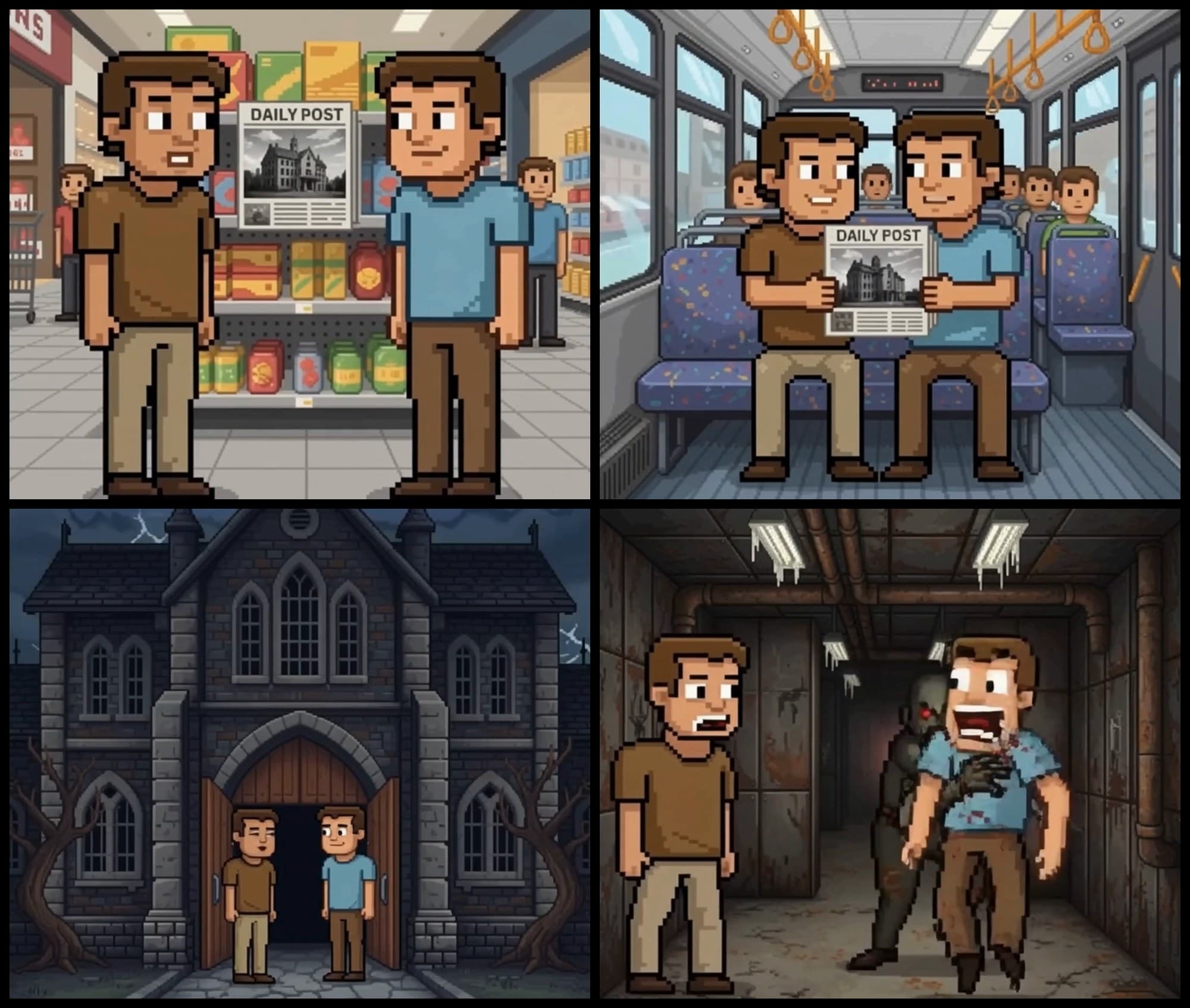 Four frames from Maze Antidote's cutscene: two pixel-art friends in a store, on a bus, at the doors of a stone building at night, and a monster attacking in a dark hallway.