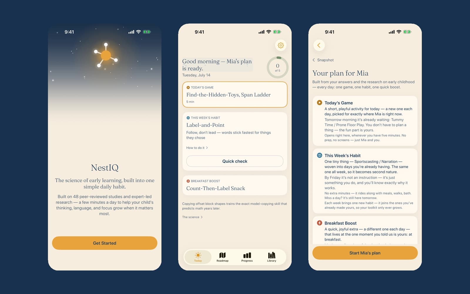 Three NestIQ screens: the welcome screen, a parent's plan for the day, and a personalized weekly plan.