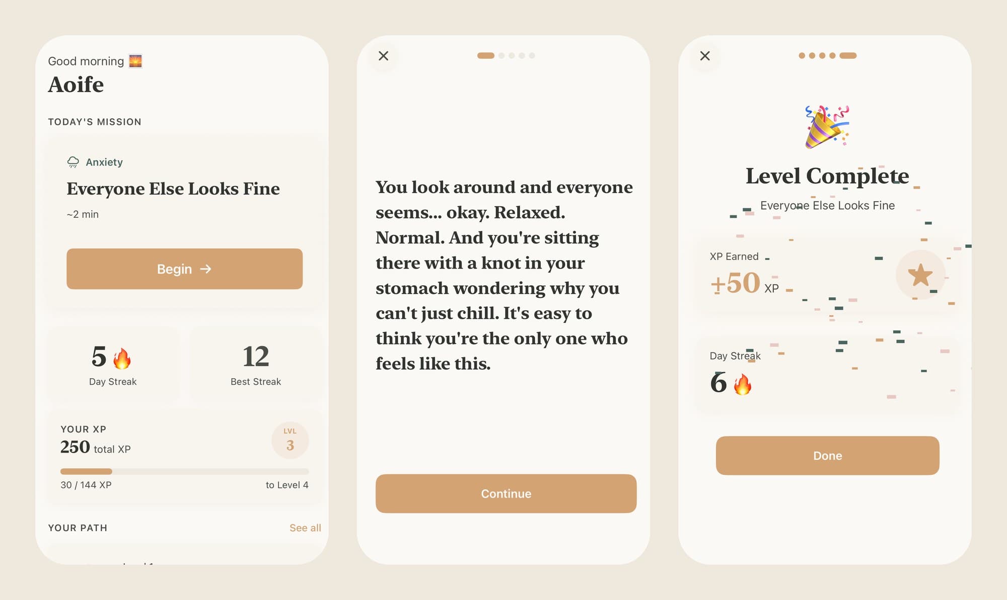 Three Path screens: the home screen with today's mission and a five-day streak, a lesson page that opens with a short scenario, and a Level Complete screen showing +50 XP and a six-day streak. Sample account.