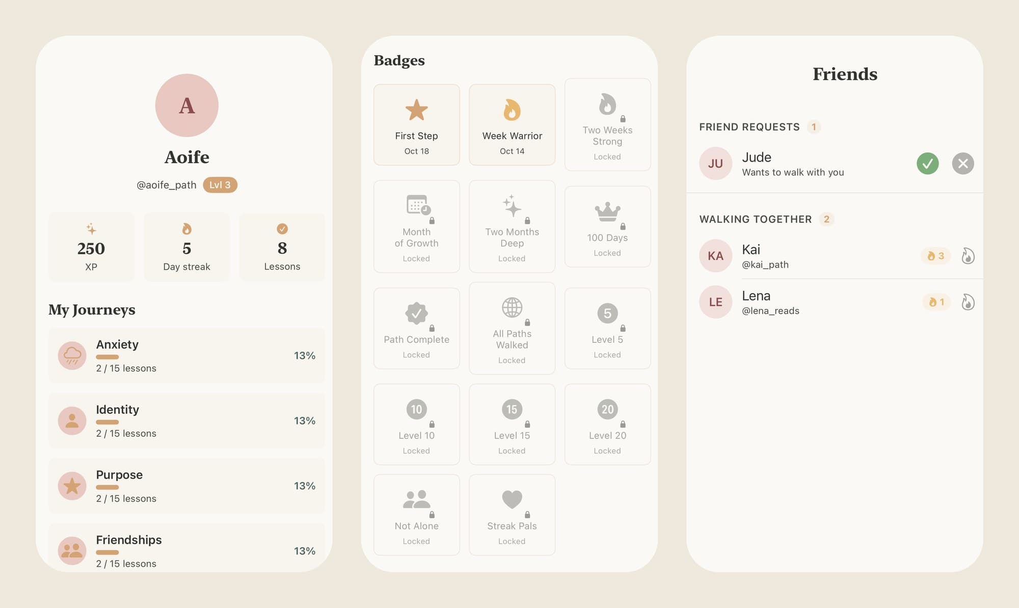 Three Path screens: a profile with 250 XP, a five-day streak and progress on four paths, a badge grid with two badges earned, and a friends list with a request and two friends' streaks. Sample data.