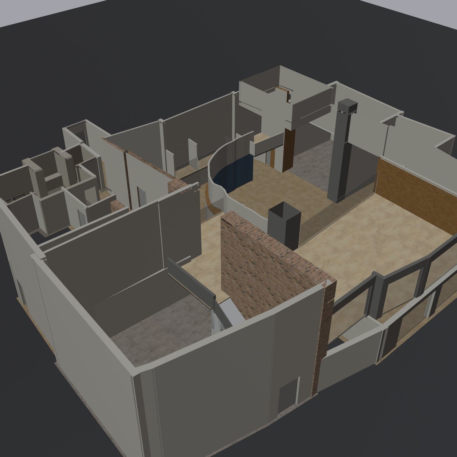 Angled overhead render of the rebuilt school shell: gray walls, a curved wall, a brick wall, rooms and a stair.