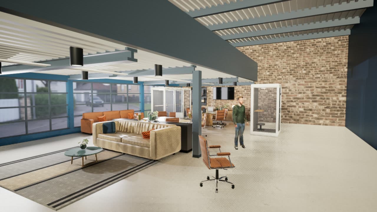 Unreal Engine render of the school's downstairs: a tan leather sofa and orange chairs under a slatted ceiling, glass phone booths and a brick wall.