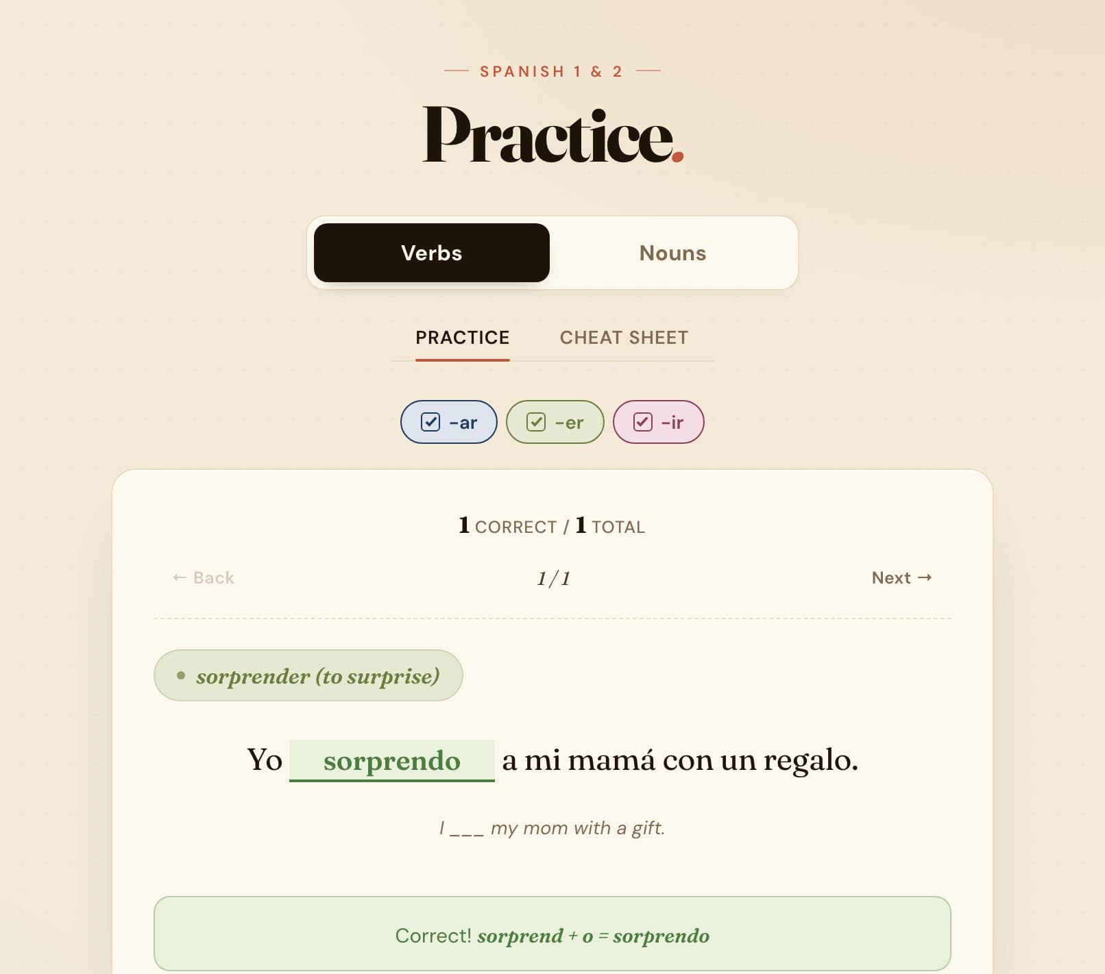 A Spanish Conjugations card for sorprender: 'Yo sorprendo a mi mamá con un regalo' with the answer filled in, and the feedback 'Correct! sorprend + o = sorprendo'.