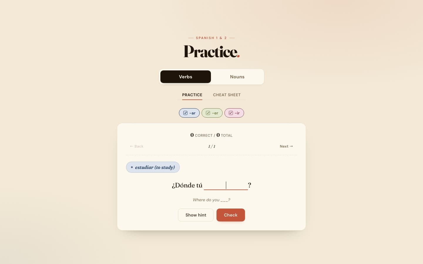 Spanish Conjugations' practice screen: a fill-in-the-blank verb card on a warm beige background.