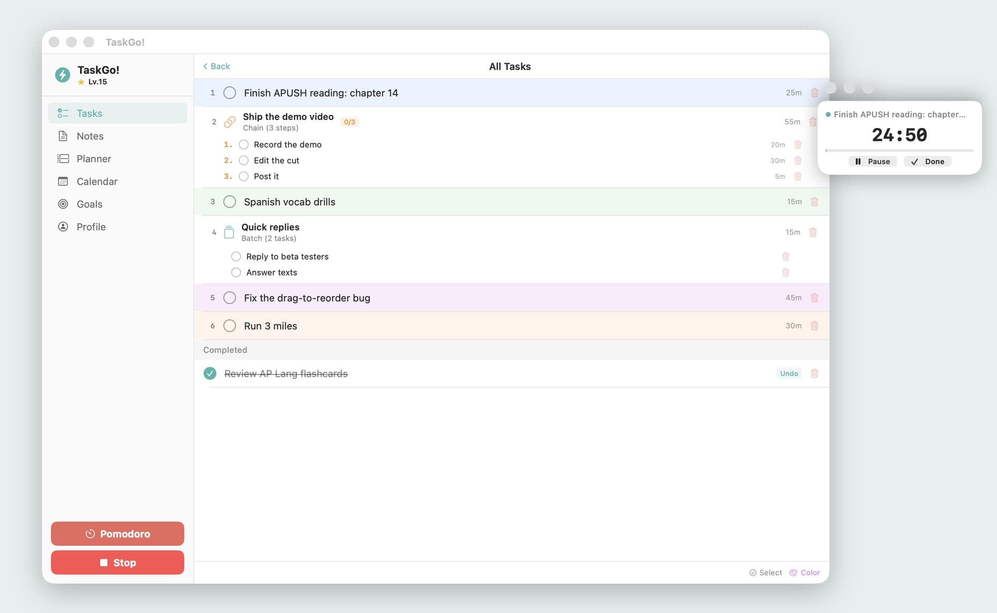 TaskGo!'s task list with chained and batched tasks, and a floating timer counting down the current task.
