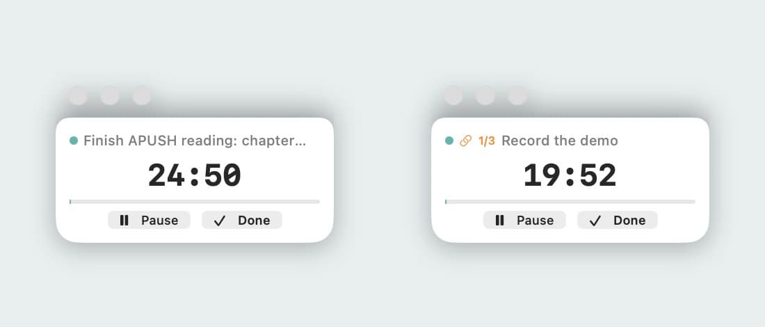 Two states of TaskGo!'s floating timer: 24:50 left on a reading task, then 19:52 left on step 1 of 3, Record the demo, after pressing Done.