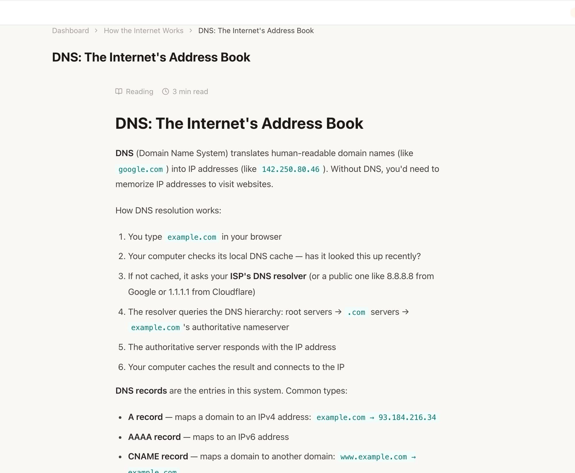A Tech Literacy reading titled 'DNS: The Internet's Address Book', with a numbered list of how DNS resolution works and the common record types.