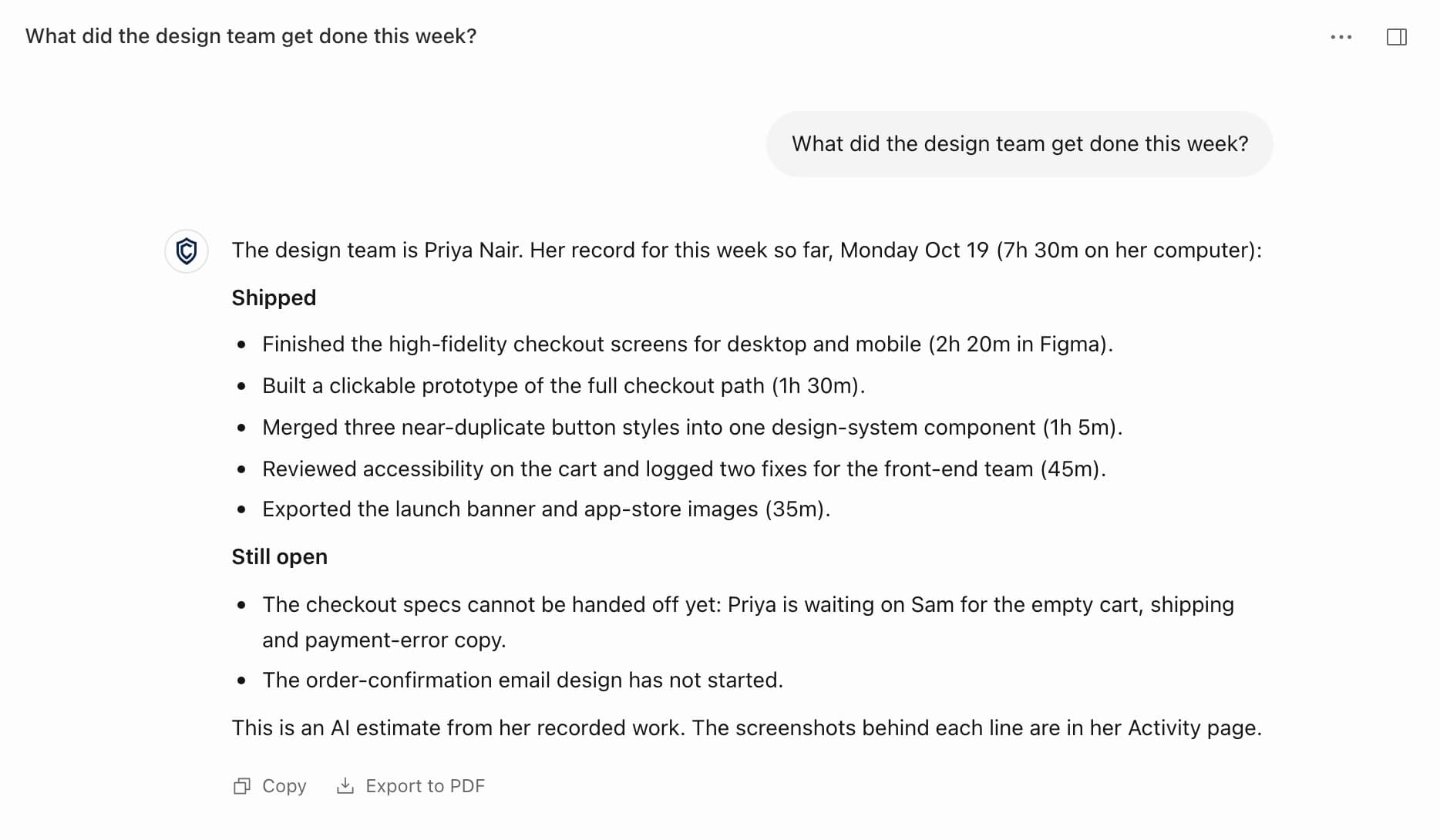 Crawft's Assistant answering “What did the design team get done this week?” with a list of what one demo designer shipped and what is still open, plus Copy and Export to PDF buttons.