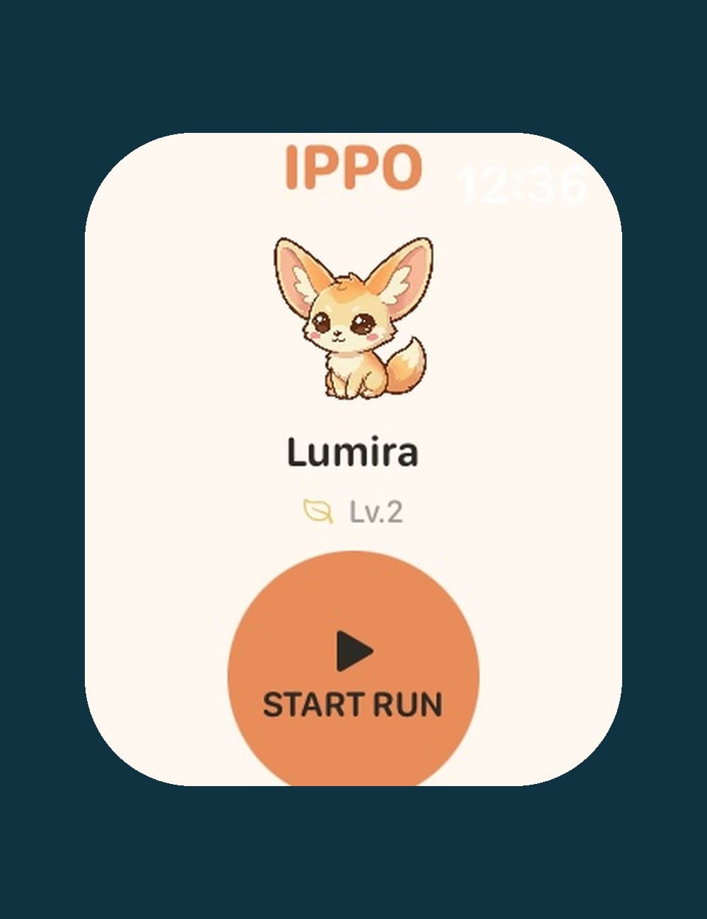 Ippo on Apple Watch: Lumira, a level 2 fennec fox, above a large orange Start Run button.