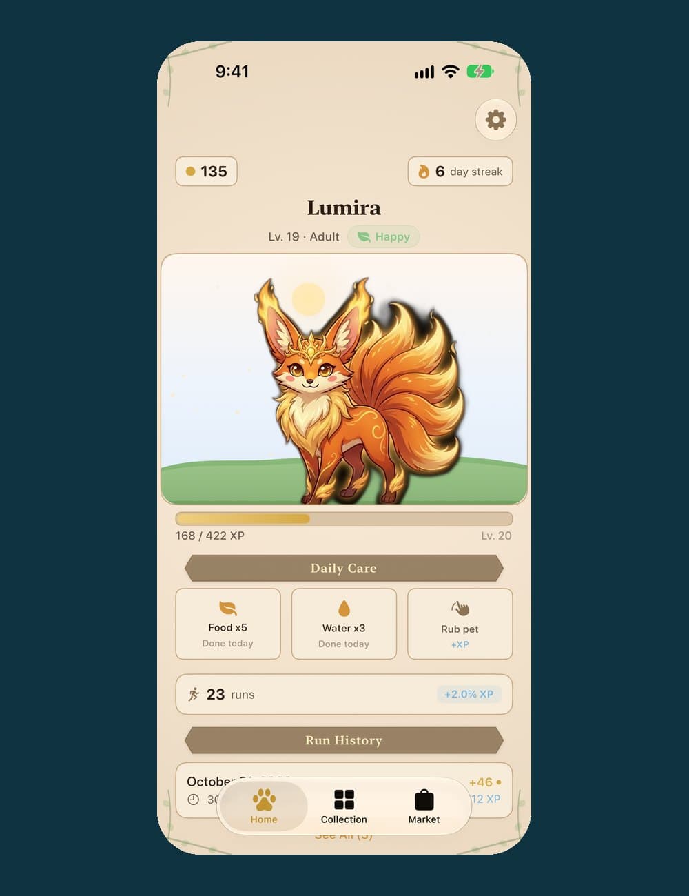 Ippo's home screen: Lumira, a level 19 nine-tailed fox, with her XP bar, daily care buttons for food, water and a rub, a six-day streak and 23 runs.