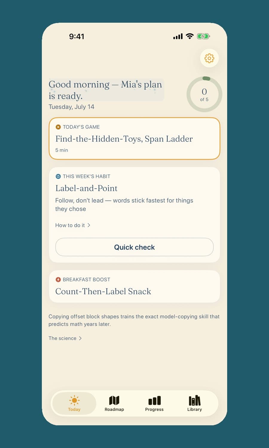 NestIQ's Today screen for a demo child named Mia: today's game, Find-the-Hidden-Toys, this week's habit, Label-and-Point, and a breakfast boost.